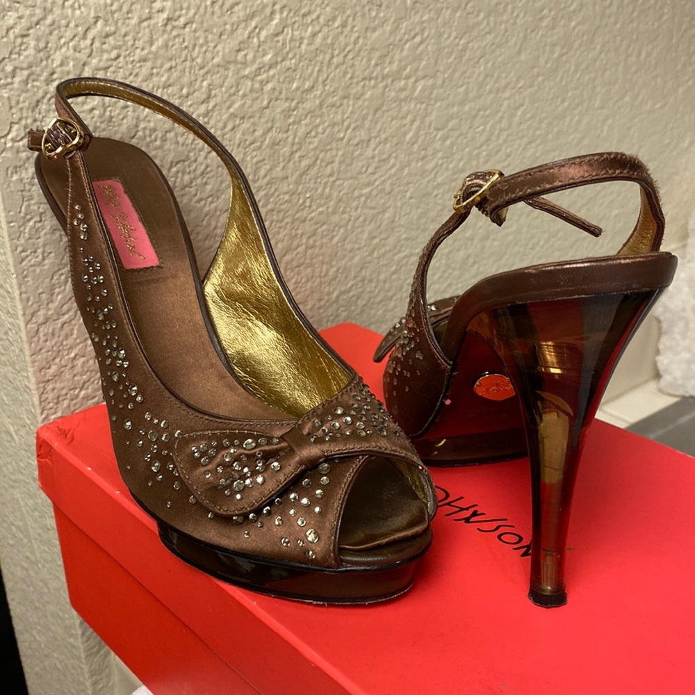 Betsey Johnson Hayden Bronze Crystal shoes with brown clear heels